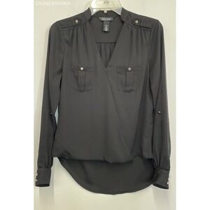 White House/Black Market Black Surplice Top Roll Tab Sleeve‎ Blouse - Size 2